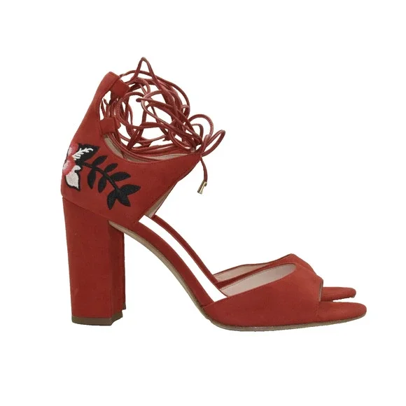 B0 NWOB KATE SPADE Red Suede Embroidered Accent Tie Block Heel Sandals Size 7 M - Picture 4 of 9
